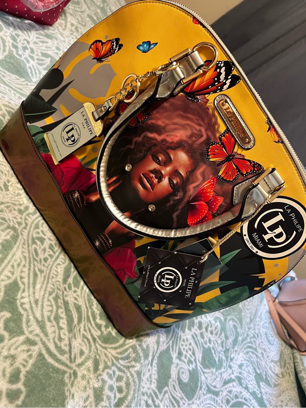 La Phillipe Yellow Butterfly-Print Dome Satchel with Portrait Artwork